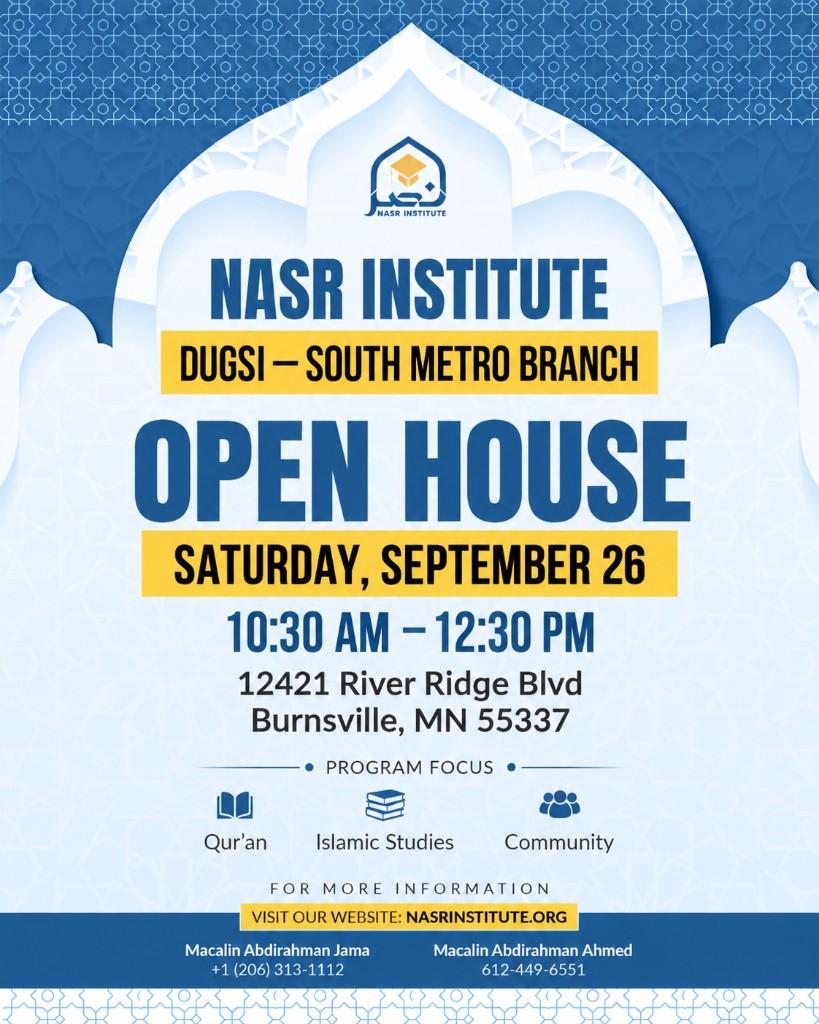 Nasr Institute South Metro Dugsi Open House flyer — Saturday, September 26, 10:30 AM to 12:30 PM, 12421 River Ridge Blvd, Burnsville